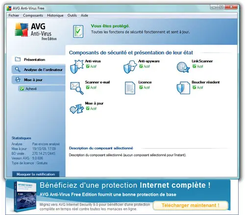 La nouvelle interface (avec pub) de AVG 9 Free