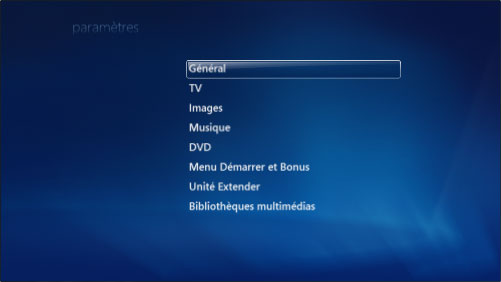 Option Général dans Windows Media Center