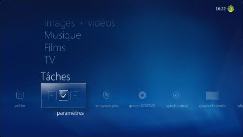 Menu Tâches de Windows Media Center