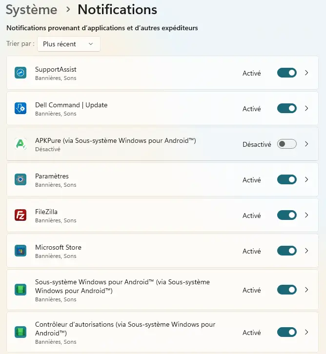 Notifications des applications