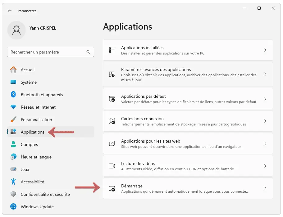 Paramètres des applications de démarrage