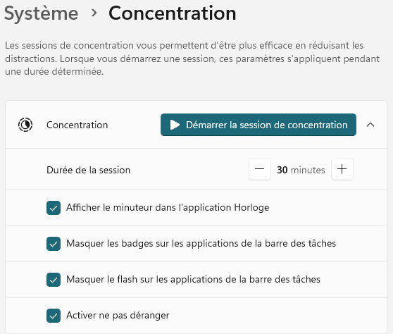 Réglages d'une session de concentration