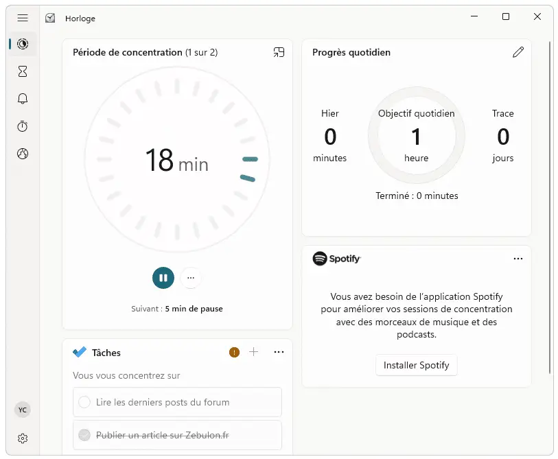 Session de concentration dans l'Horloge Windows